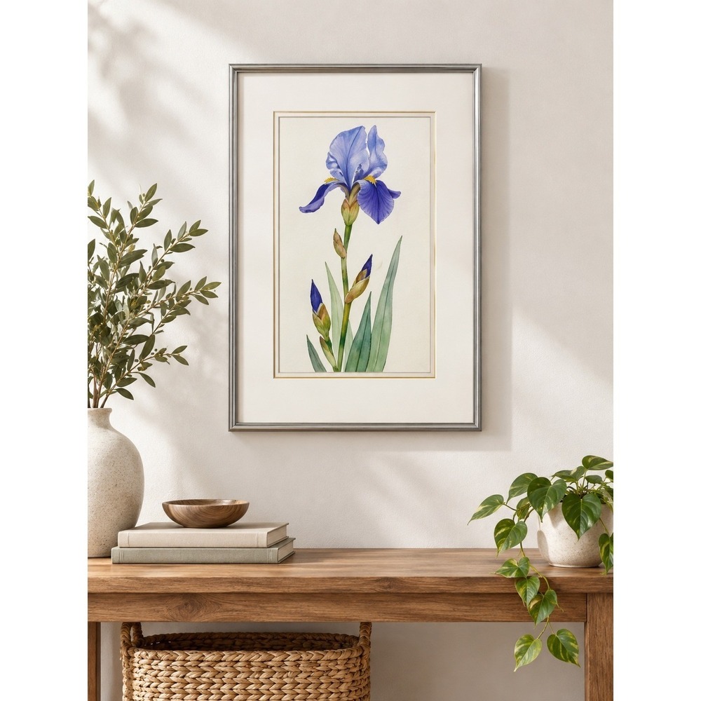 Barbara C Kuxhausen Tall Medium Blue Iris Original Watercolor Signed‎ Framed Art